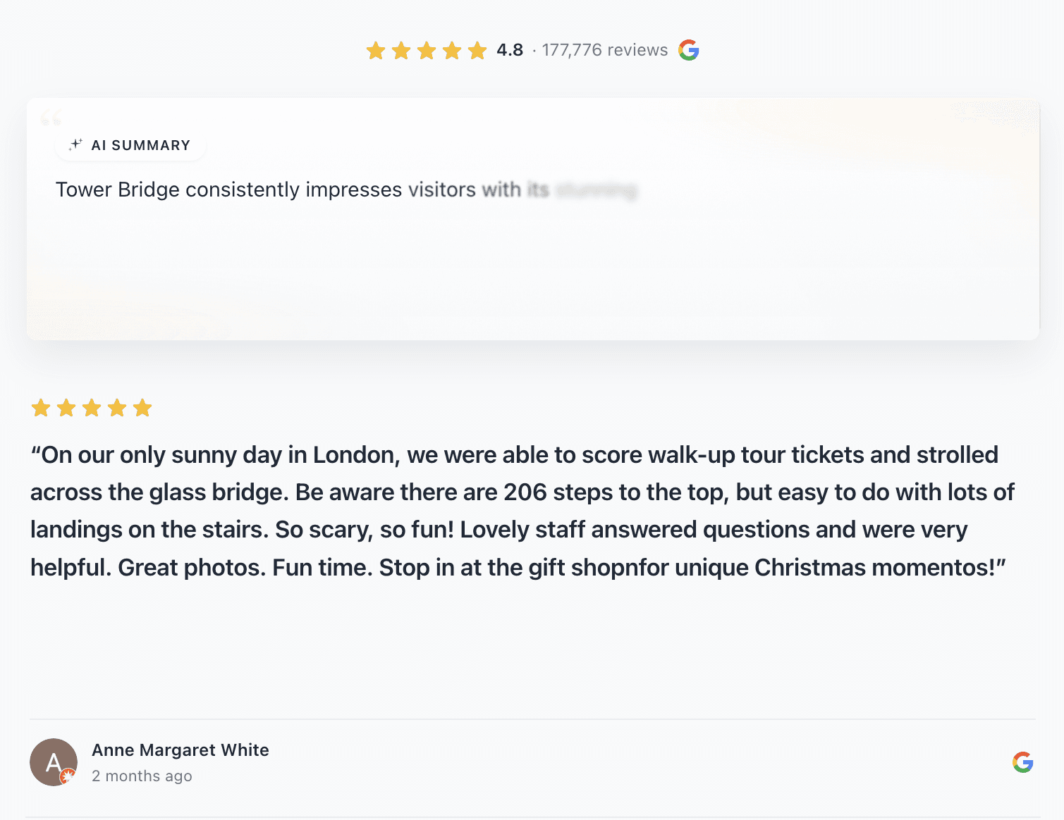 AI Summary Carousel mid-animation — word-by-word text reveal with blur fade-in effect visible