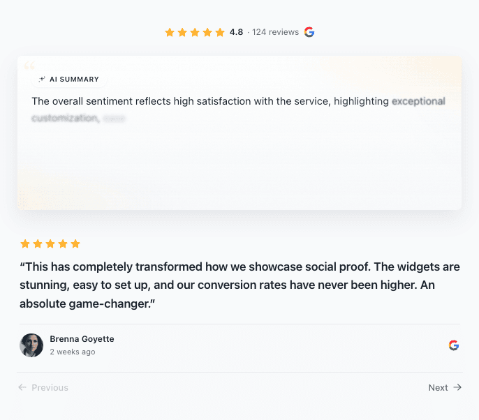 AI summary review widget that highlights sentiment and featured reviews