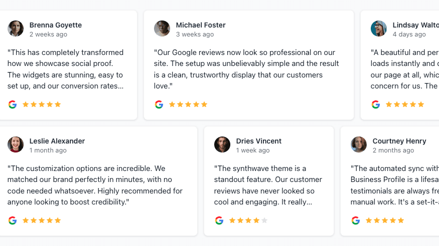 Carousel style best google review widget with AI summary panel and featured testimonial