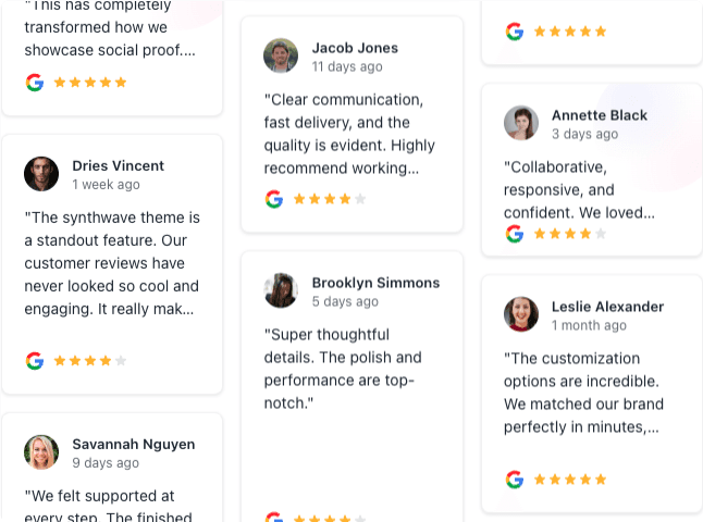Mosaic style google review widget with many review cards
