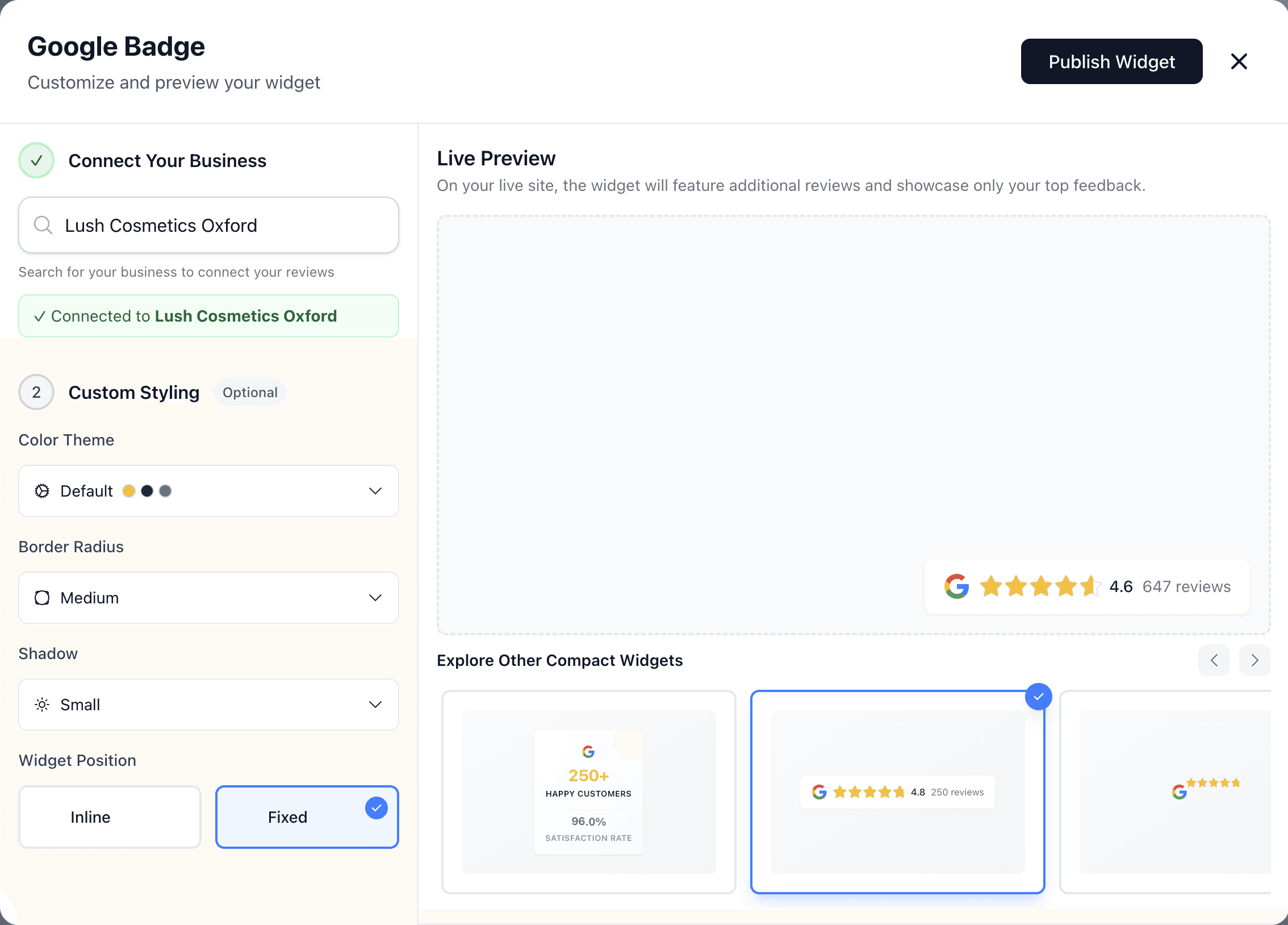 RevuKit widget customization interface showing Google Badge with business connection, custom styling options, and live preview of Google reviews