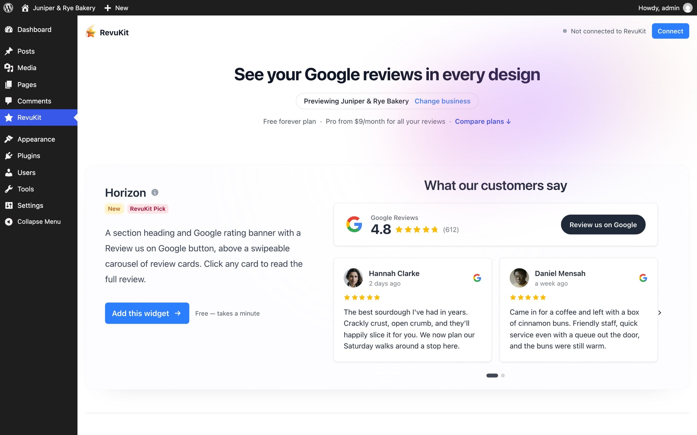 The RevuKit plugin in wp-admin, previewing a bakery’s Google reviews in the Horizon design