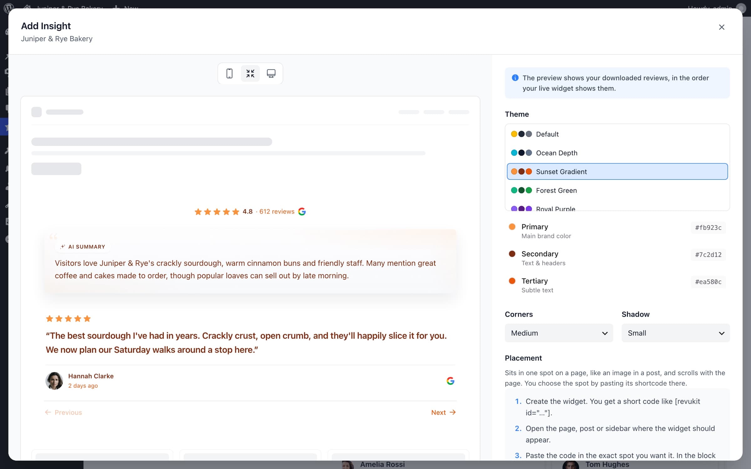Adding the Insight widget in WordPress: an AI summary above the reviews, with theme, colours, corners and shadow