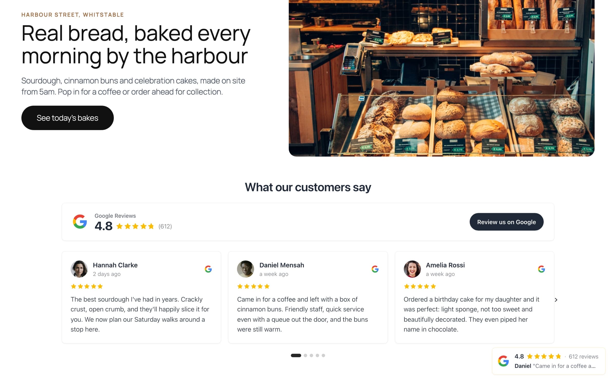 A bakery’s WordPress site with the Horizon review carousel and a floating Pulse badge