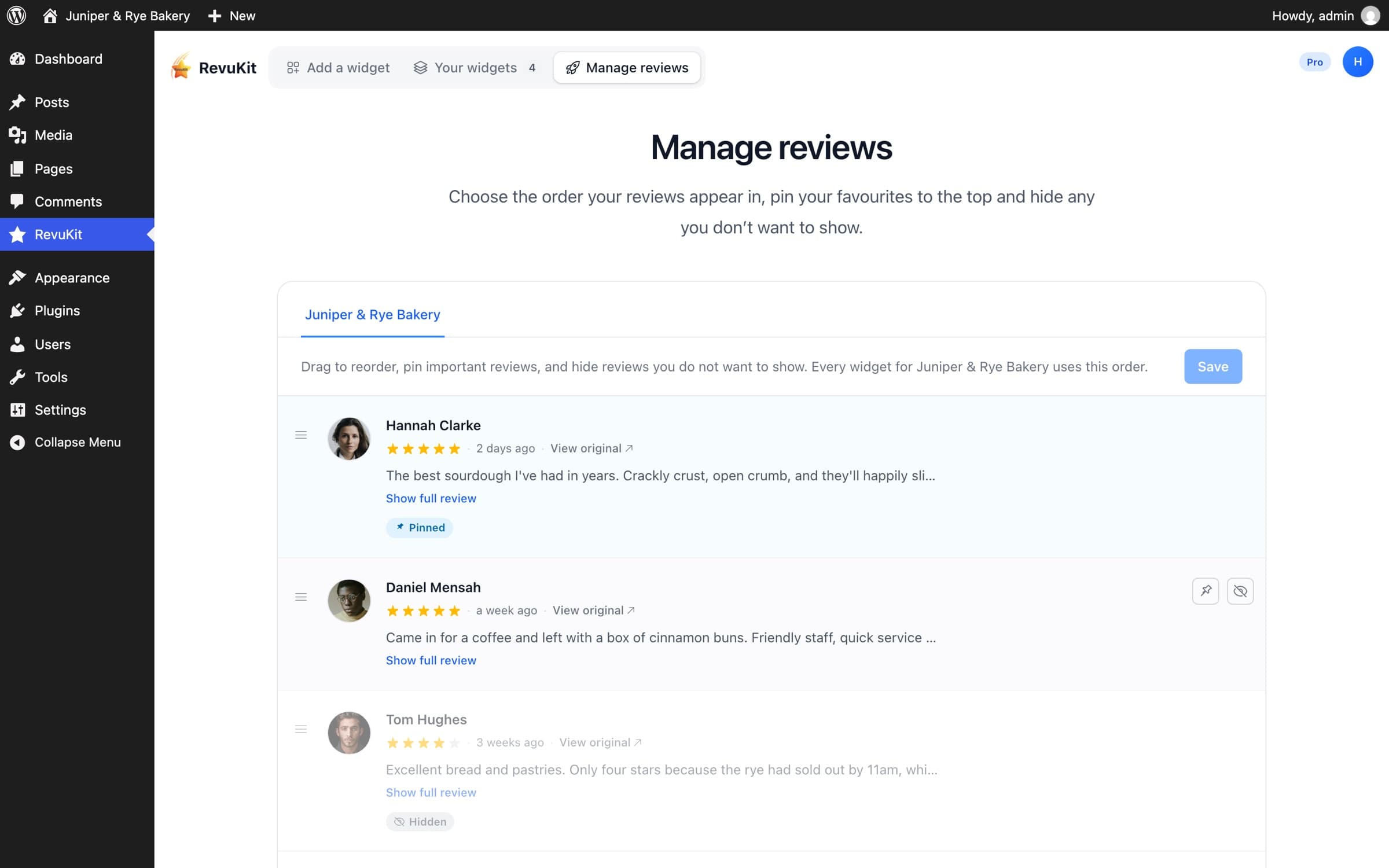 The Manage reviews tab in wp-admin: reviews in order, one pinned and one hidden