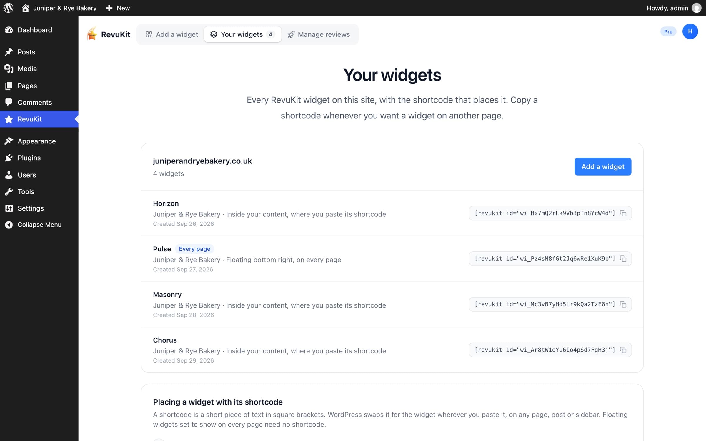 The Your widgets tab in wp-admin, listing each widget with its placement and shortcode