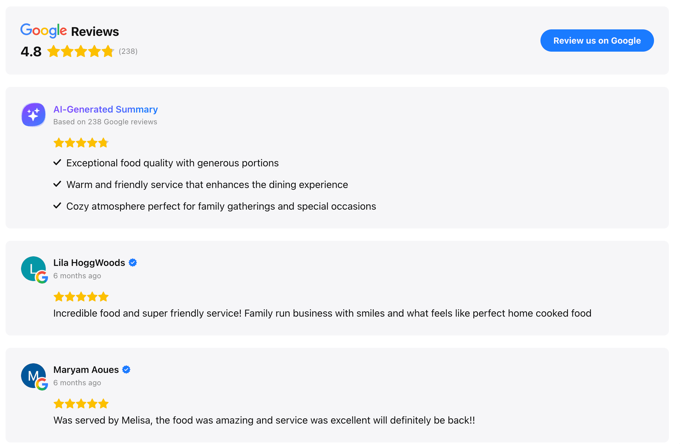 Elfsight list-style Google review widget with summary and testimonial columns