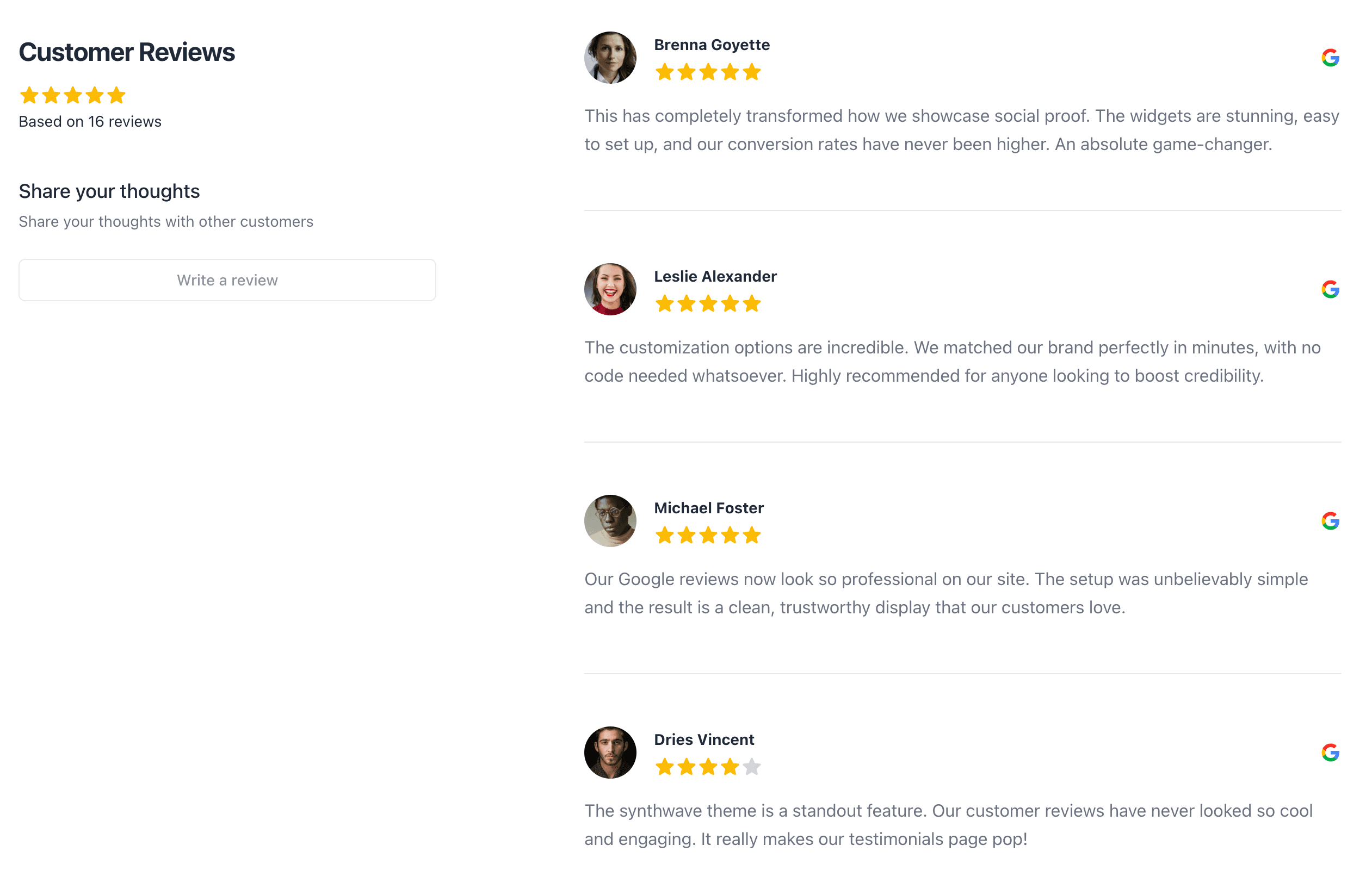 RevuKit list-style Google review widget with summary and testimonial columns