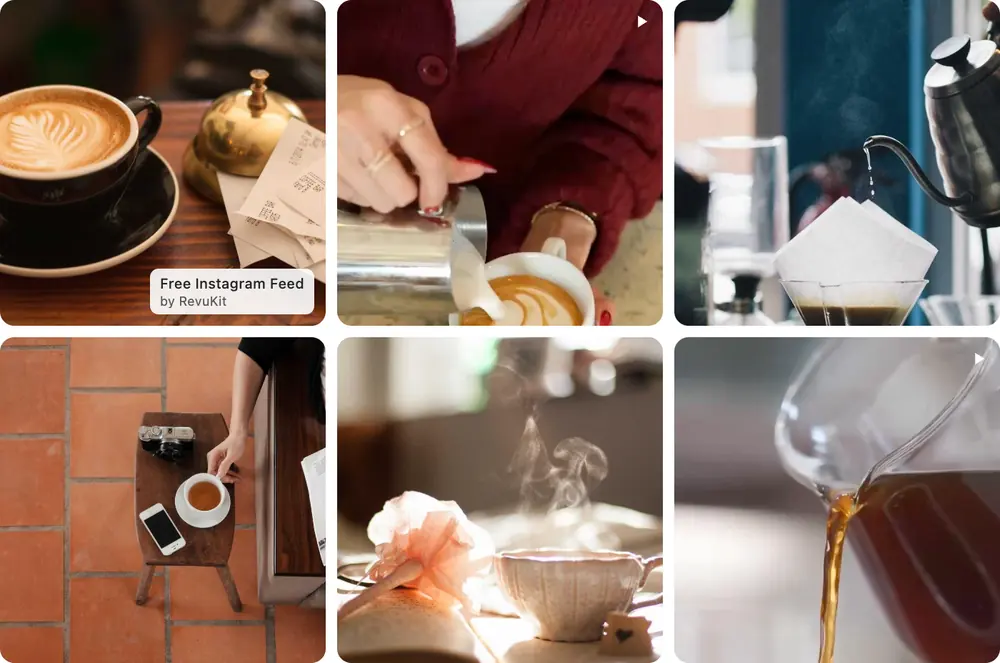 A Free plan Instagram feed in the Grid layout with its small RevuKit badge