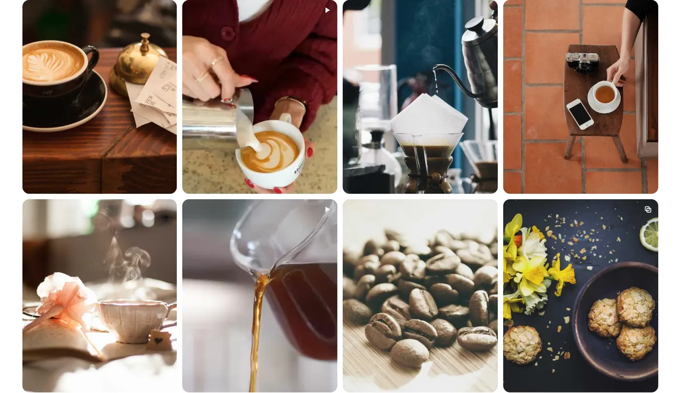 An Instagram feed in the Grid layout, embedded on a café website