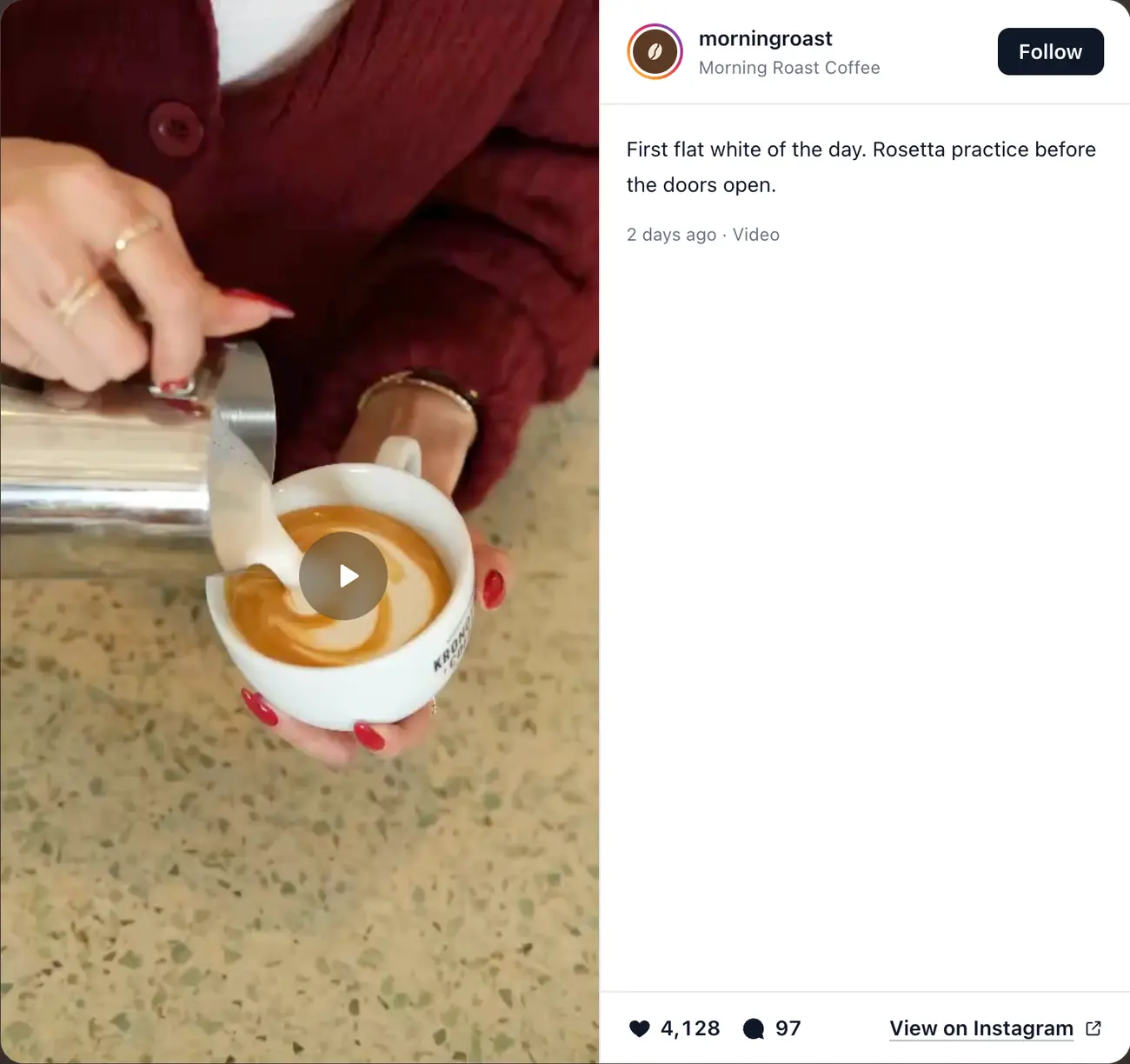 A post from the feed opened in the RevuKit popup, with caption, likes and a link to Instagram